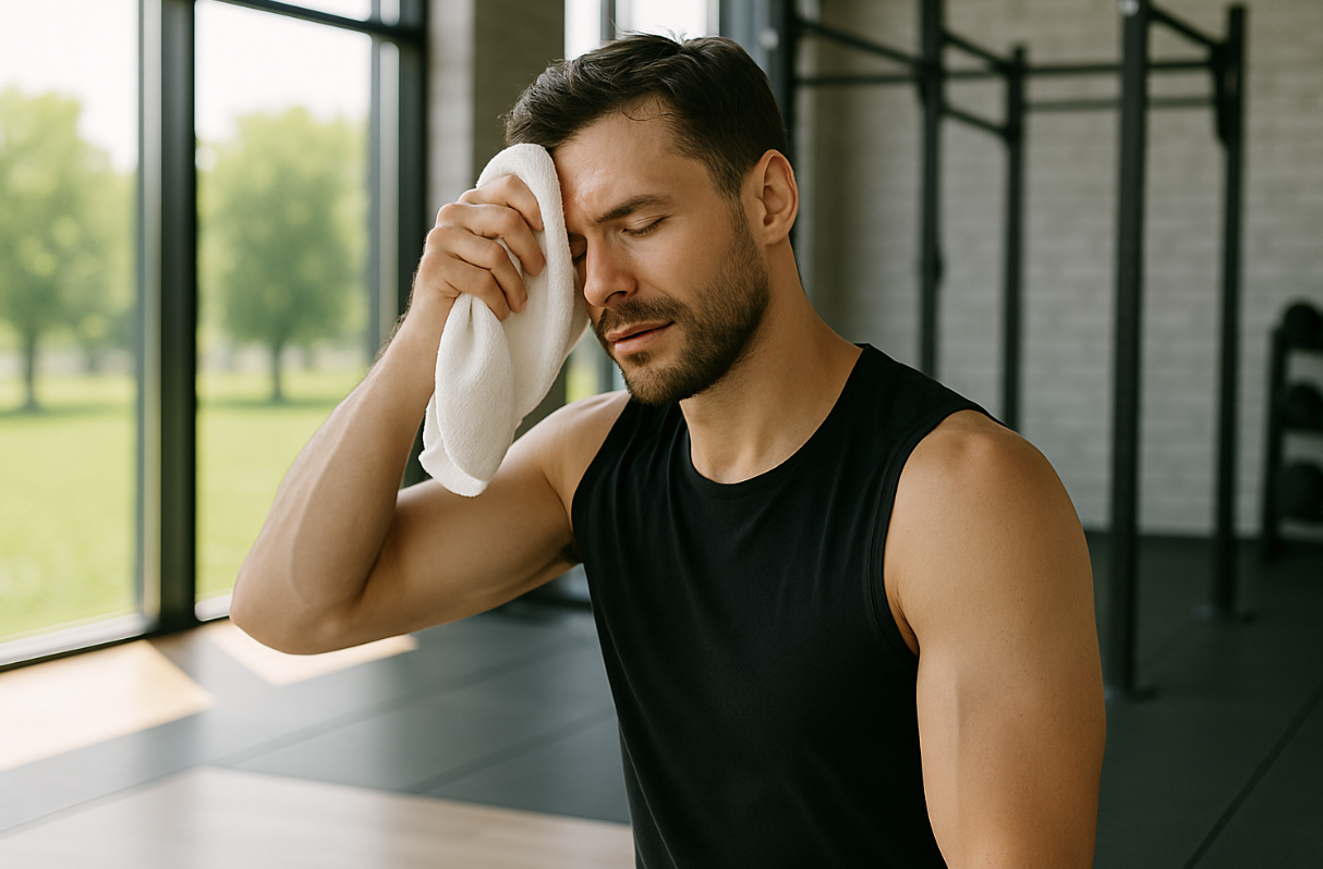 헬스장에서 운동 후 땀을 닦고 있는 남성 사진