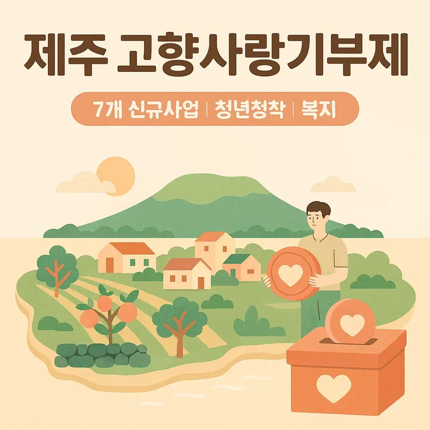 제주 고향마을과 따뜻한 기부의 연결을 상징하는 일러스트
