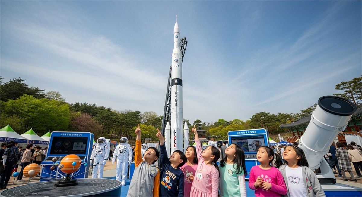 우주 전시물을 바라보는 아이들이 담긴 체험형 축제 사진 