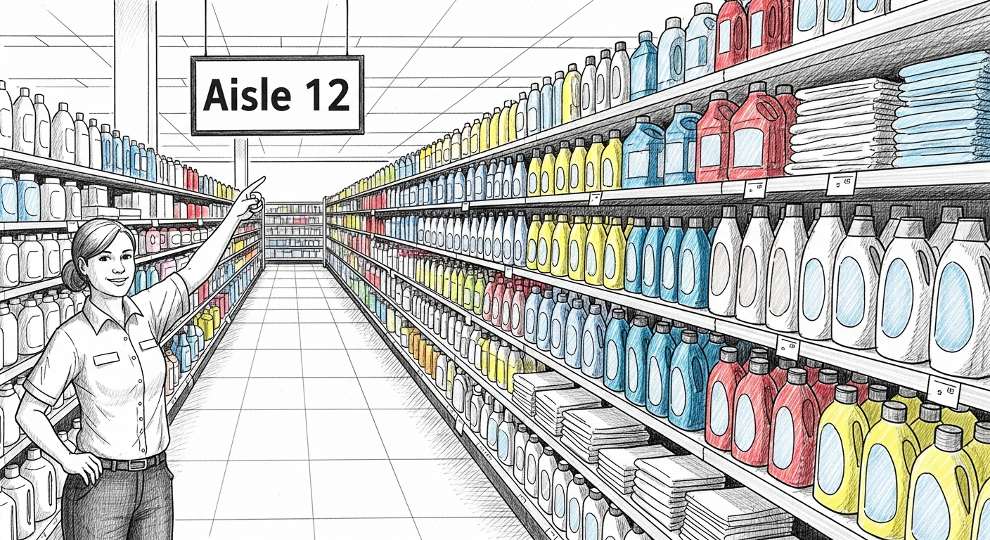 청소용품이 가득한 통로를 안내하는 마트 직원