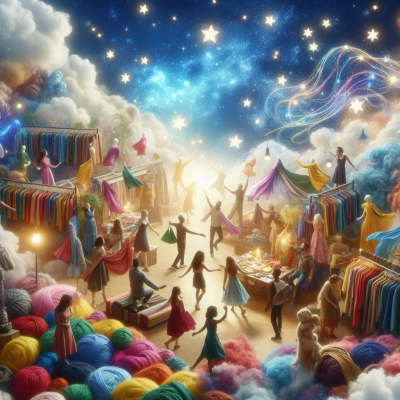 사람들과 옷들이 구름 속에서 함께 어울려있는 모습.