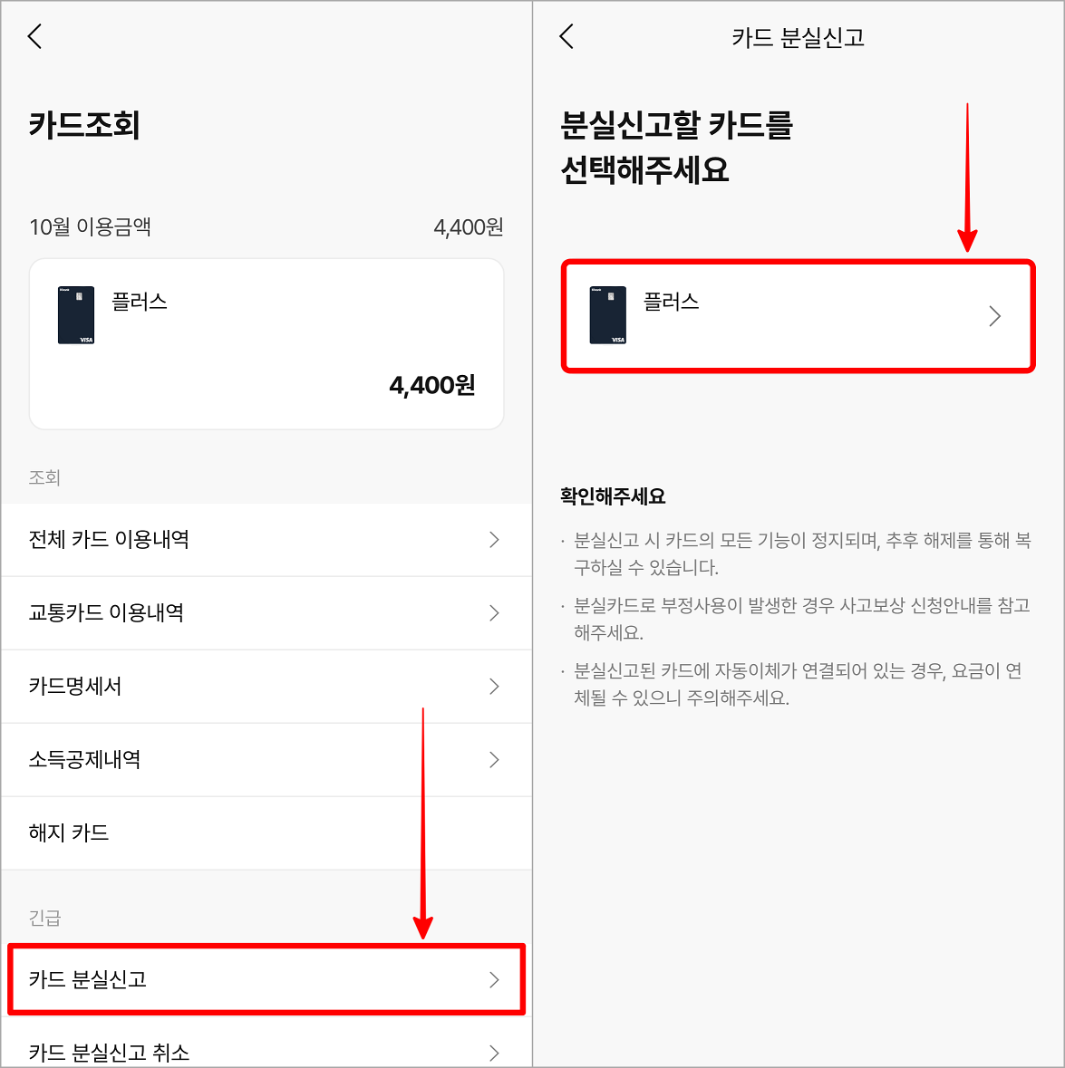 카드조회 메뉴 중 카드 분실신고를 선택하여 접속한 뒤, 신고 대상 카드를 선택