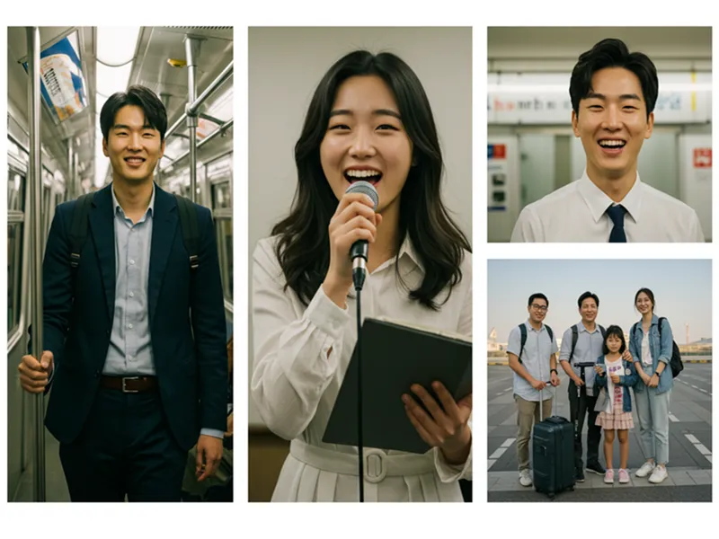 광장공포증 치료 후 삶을 되찾은 사람들: 지하철 출근하는 직장인, 결혼식에서 축가 부르는 여성, 가족 여행 떠나는 가장의 모습을 통해 희망과 행복을 보여주는 사진.