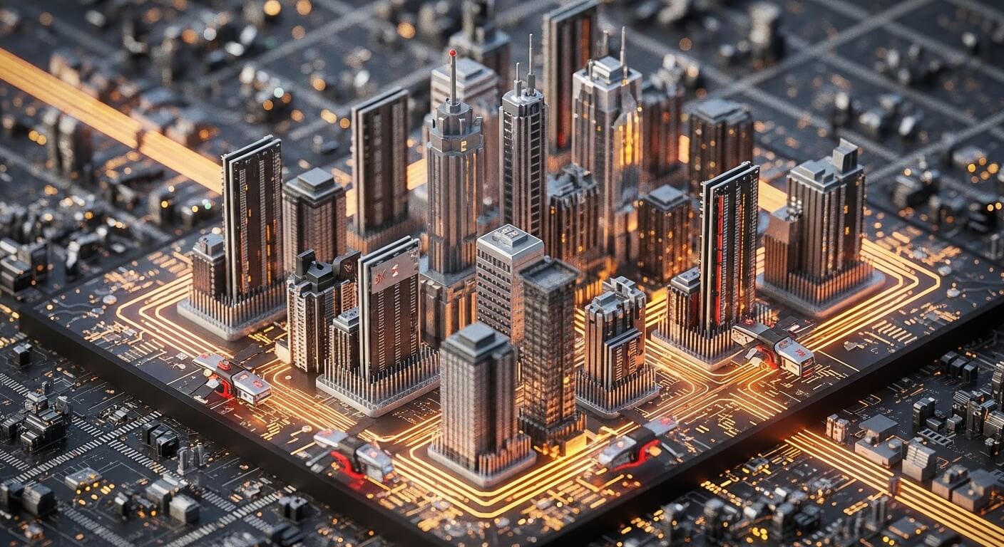 반도체 회로도로 만든 정교한 미래도시풍경