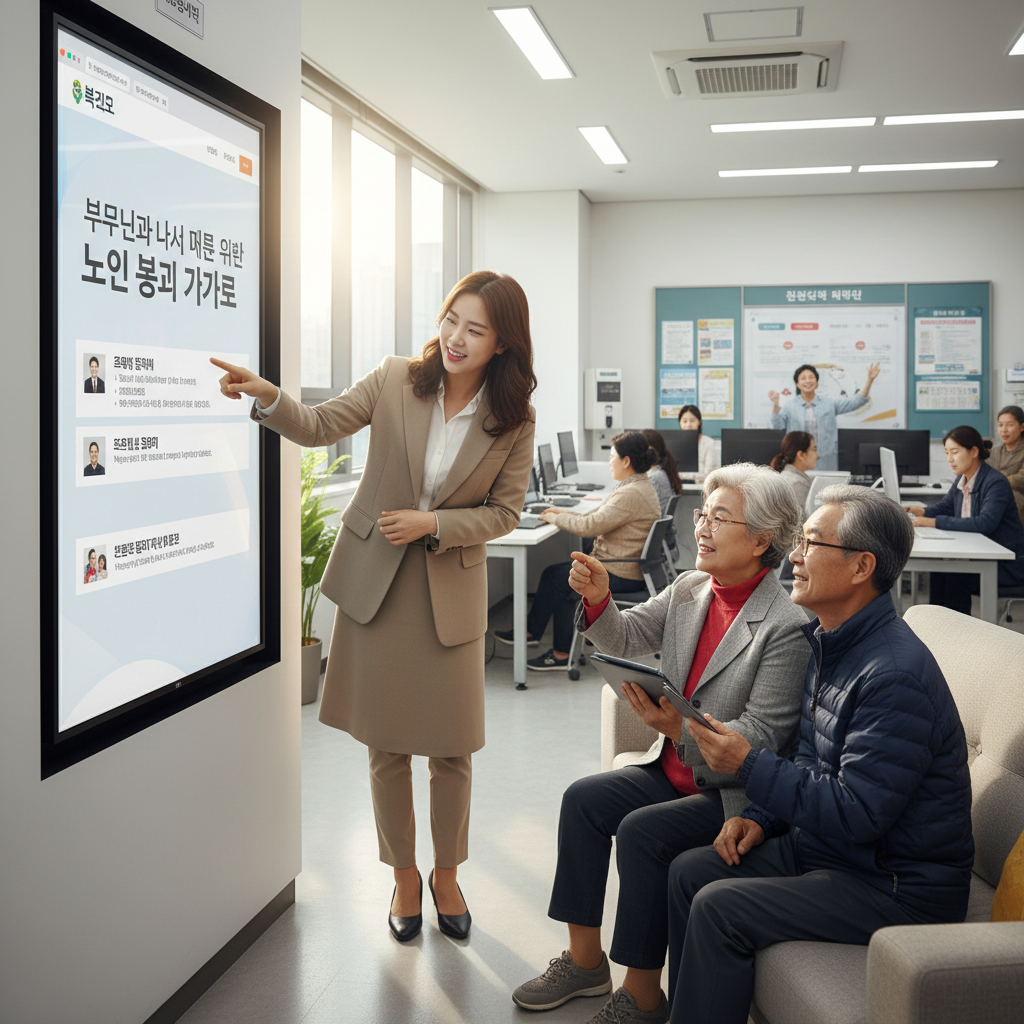 노인복지에 대해서 설명하고 있는 모습