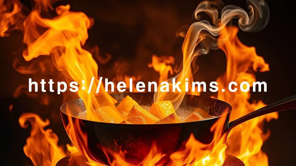 활활 타오르는 불 위 뜨거운 프라이팬에 음식이 튀겨지는 모습.