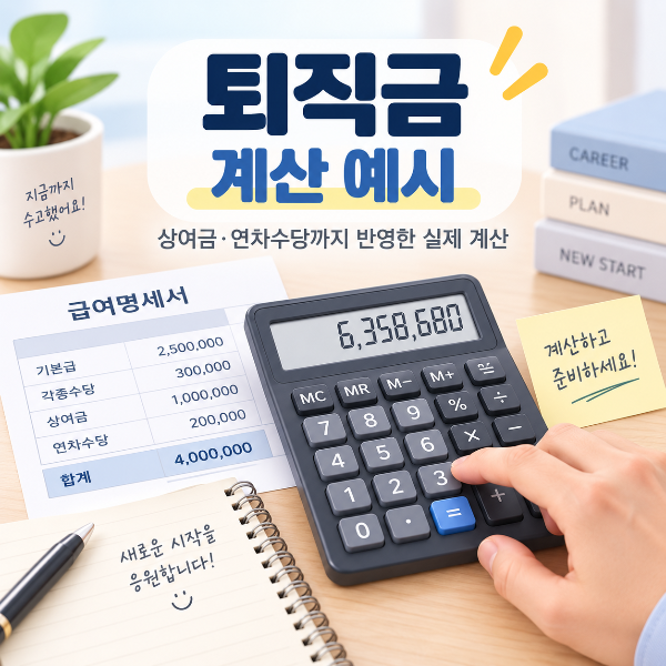 상여금과 연차수당을 반영한 퇴직금 계산 예시 이미지