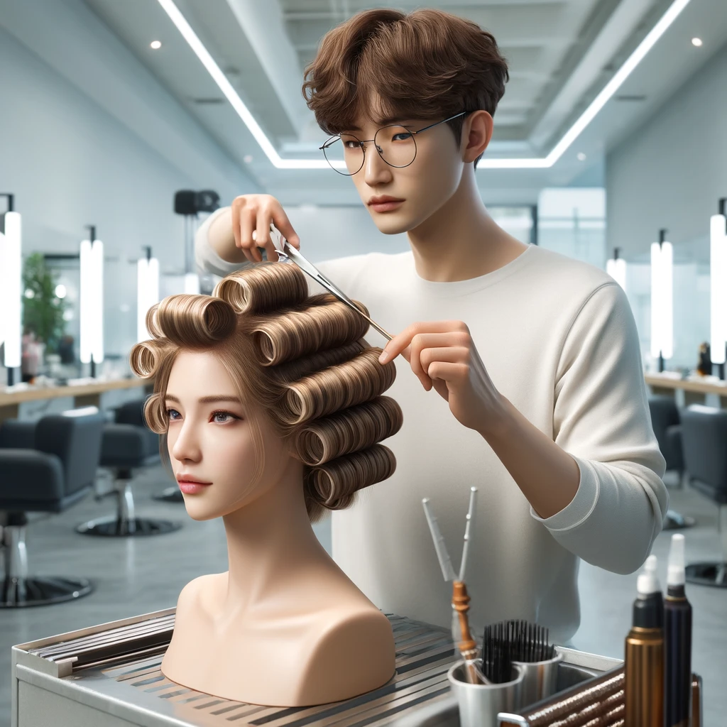 미용사가 마네킹 머리에 퍼머넌트 롯드를 정교하게 말며 실습하는 장면. 섬세하게 롯드를 균일하게 말며 기술에 집중하는 모습이 돋보임