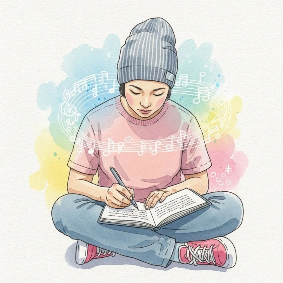 생각에 잠겨 가사를 쓰는 아티스트의 손