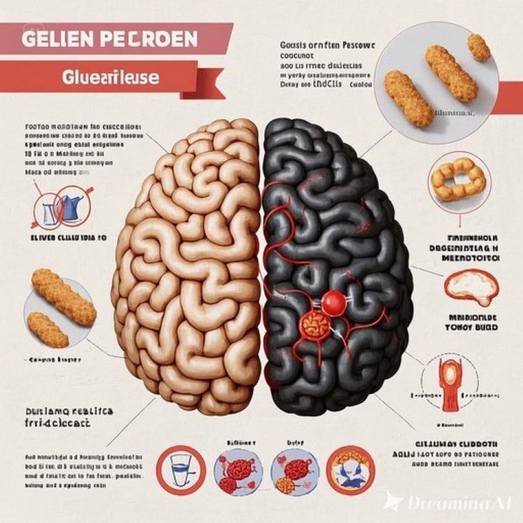 뇌의 단면도에서 정상적인 뇌 영역(밝은 색상)과 셀리악병으로 손상된 뇌 영역(어두운 색상)을 대비하여 보여주고, 주변에는 글루텐 분자들이 혈뇌장벽을 통과하여 뇌를 공격하는 모습과 인지기능 관련 아이콘들(기억, 집중, 언어 등)이 표시된 의학적 인포그래픽