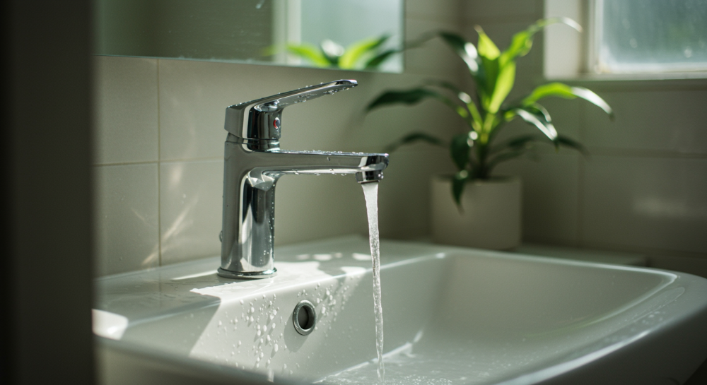 깔끔하고 현대적인 디자인의 욕실, 빛나는 스테인리스 수도꼭지와 흰색 세면대가 위생적이고 상쾌한 느낌을 줍니다.