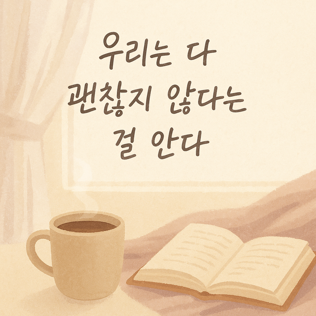 따뜻한 베이지 톤 배경 위에 ‘우리는 다 괜찮지 않다는 걸 안다’라는 문장이 부드러운 서체로 적힌 감성 일러스트, 위로와 공감을 주는 분위기