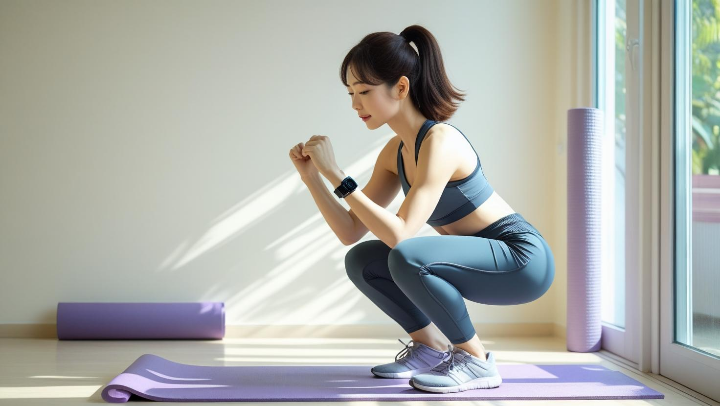 거실에서 운동 목표를 세우고 열심히 홈 트레이닝을 하고 있는 여성의 모습. 건강하고 활기찬 분위기가 느껴진다.