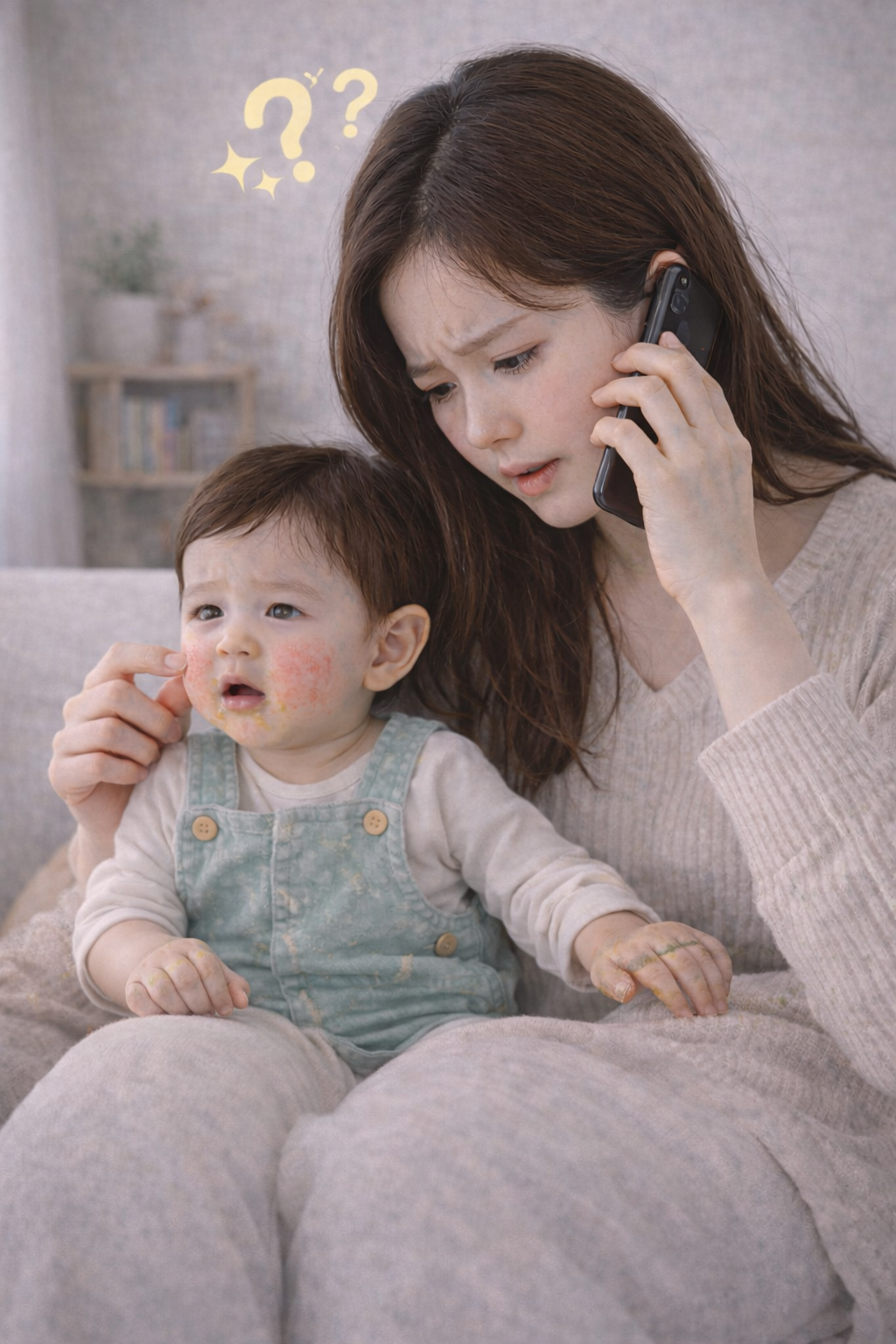 영아전환기 이유식 후 이상 반응을 확인하고 병원 여부를 판단하는 보호자 모습