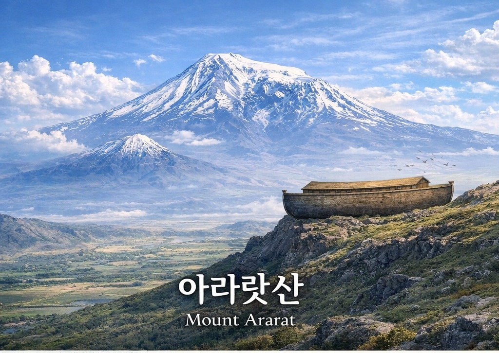 노아의 방주가 머물렀다고 전해지는 아라랏산 전경과 방주 상상도