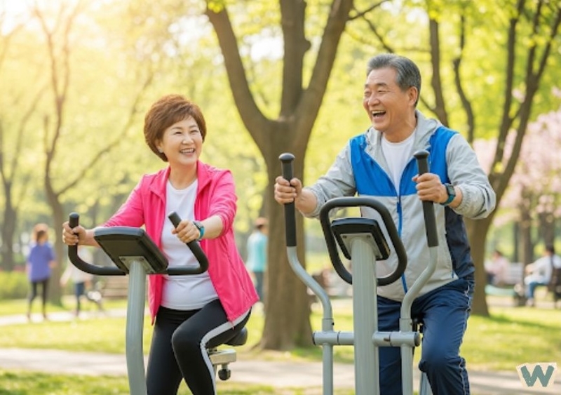 공원에서 야외 운동 기구를 사용하며 웃는 중년 부부 via canva