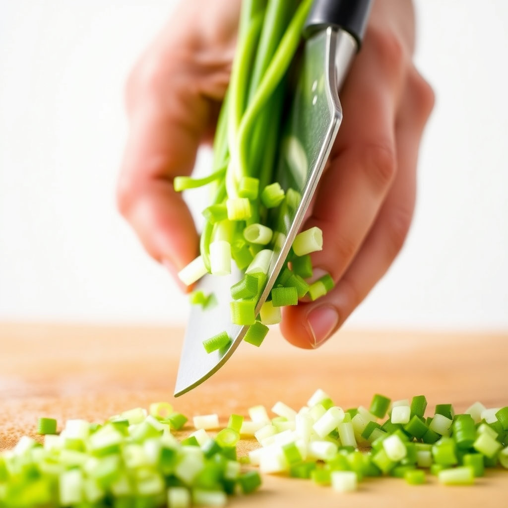 잘 다듬어진 대파나 쪽파를 작은 크기로 송송 썰고 있는 손과 칼의 움직임을 강조합니다. 배경은 블러 처리하여 파에 초점을 맞추고, 파의 신선한 녹색이 돋보이도록 밝은 조명 아래서 촬영합니다.