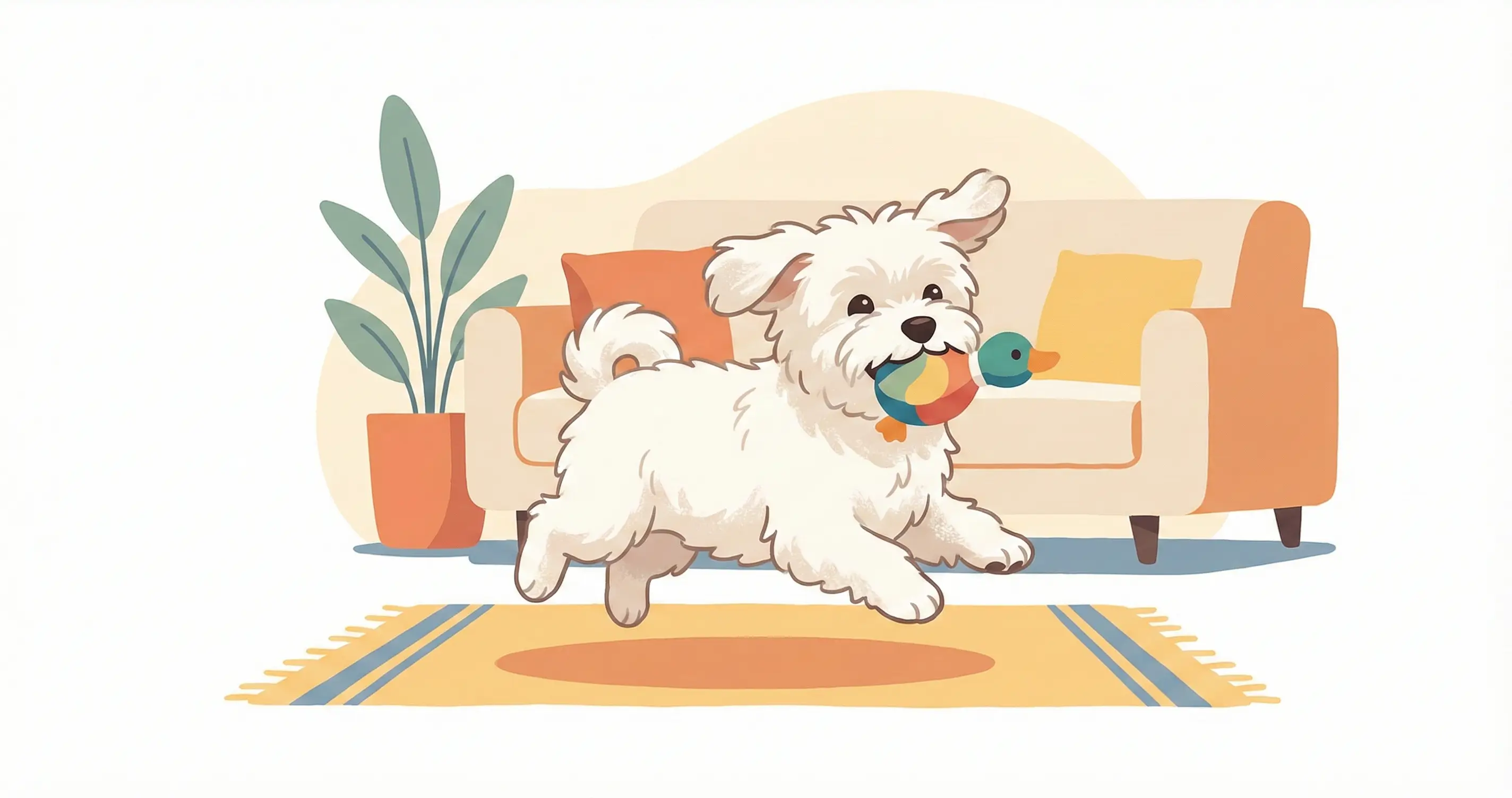 거실에서 장난감을 물고 신나게 뛰어노는 활발한 몰티즈