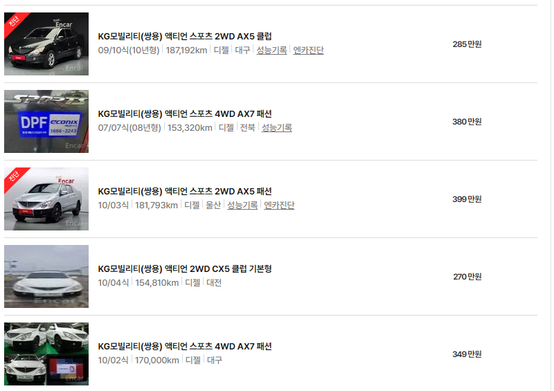 KG모빌리티 엑티언 중고차 가격 시세표 24년10월