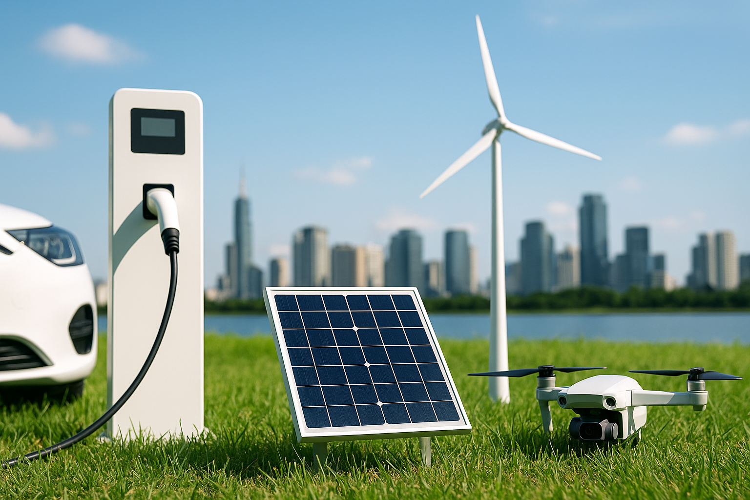 기후테크를 표현하는 전기차, 드론, 재생에너지, 도시를 이미지화한 그림