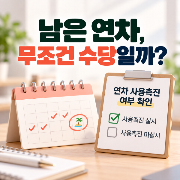 남은 연차의 수당 지급 여부를 판단하기 위해 회사의 연차 사용촉진 실시 여부를 확인해야 한다는 안내 이미지