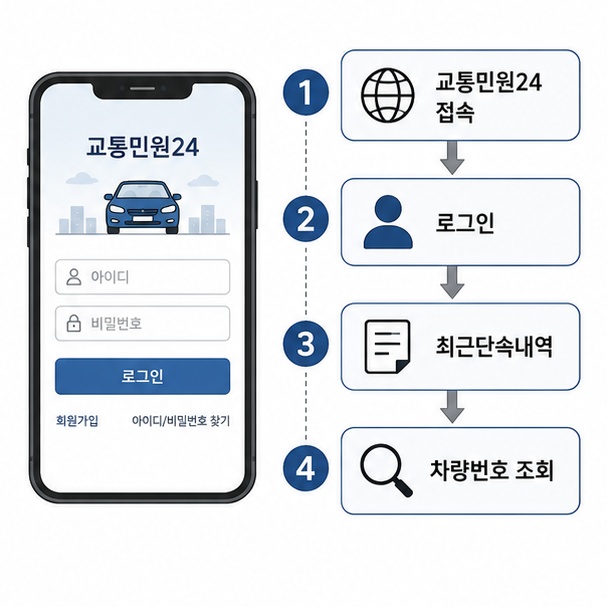 교통민원24에 로그인한 뒤 최근단속내역에서 차량번호로 조회하는 과정을 보여주는 그림