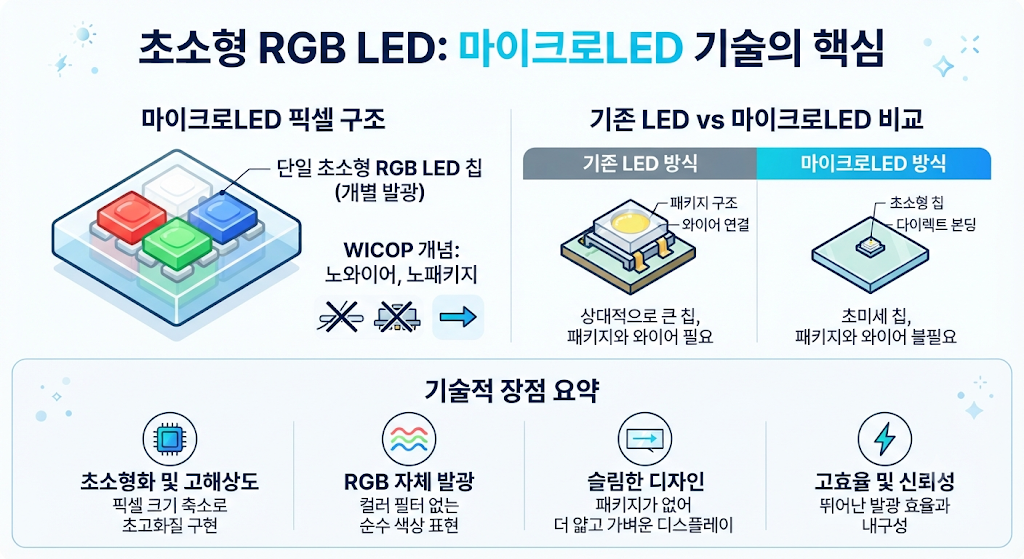 서울반도체 WICOP과 WICOP Pixel 기반 마이크로LED 기술 구조를 설명하는 인포그래픽