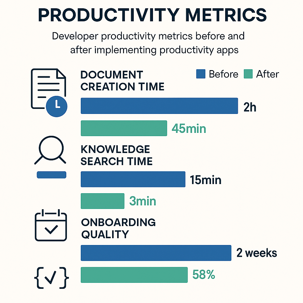 개발팀 생산성 향상 지표 - 노트앱 도입 전후 문서작성시간 60% 단축, 지식검색시간 80% 향상, 온보딩기간 50% 감소, 코드리뷰 품질 65% 개선 인포그래픽