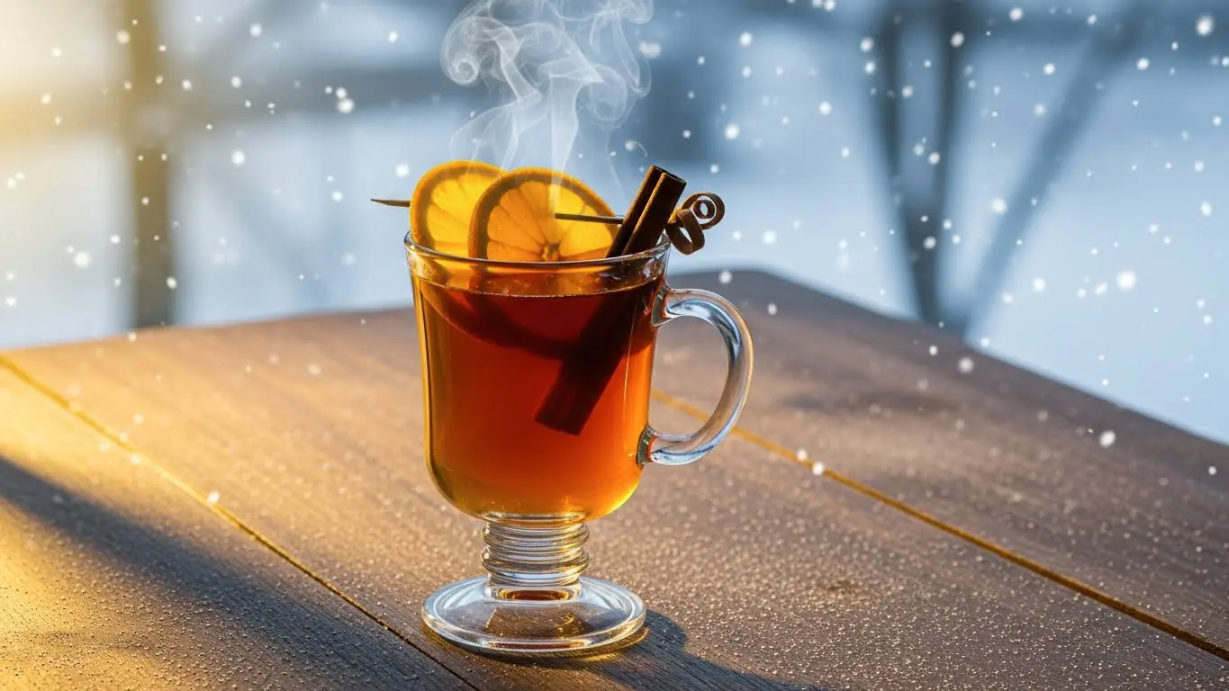 오렌지와 계피로 장식된 집에서 만든 따뜻한 뱅쇼 한 잔