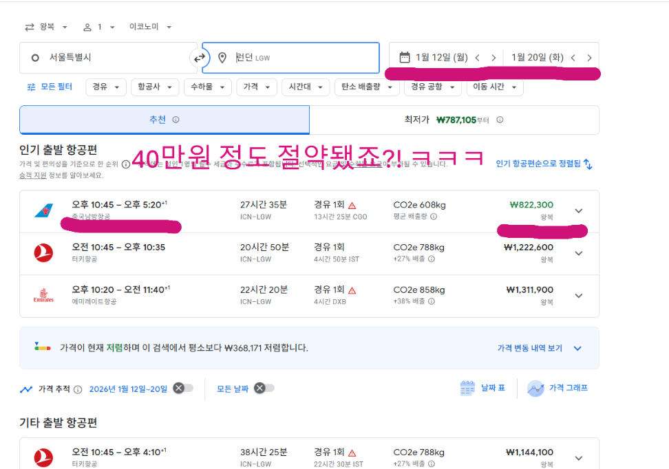 구글 플라이트에서 서울–런던(LGW) 왕복 1/12~1/20 검색 결과. 최저가 약 82만 원대로 표시된 화면