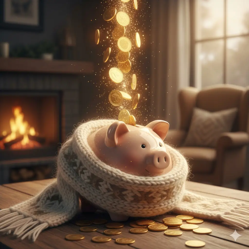 '따뜻한 목도리를 한 돼지저금통에 황금 동전이 쏟아지는 이미지'