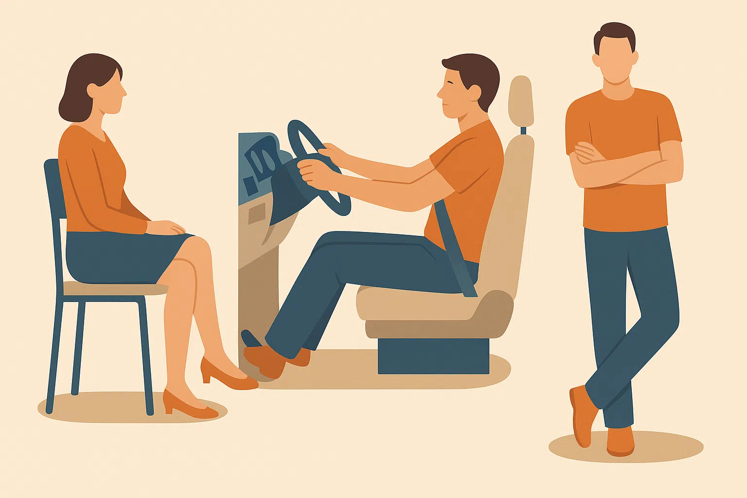 한쪽 다리에 체중을 싣고 서 있는 사람, 장시간 운전하는 모습, 다리를 꼬고 앉은 자세