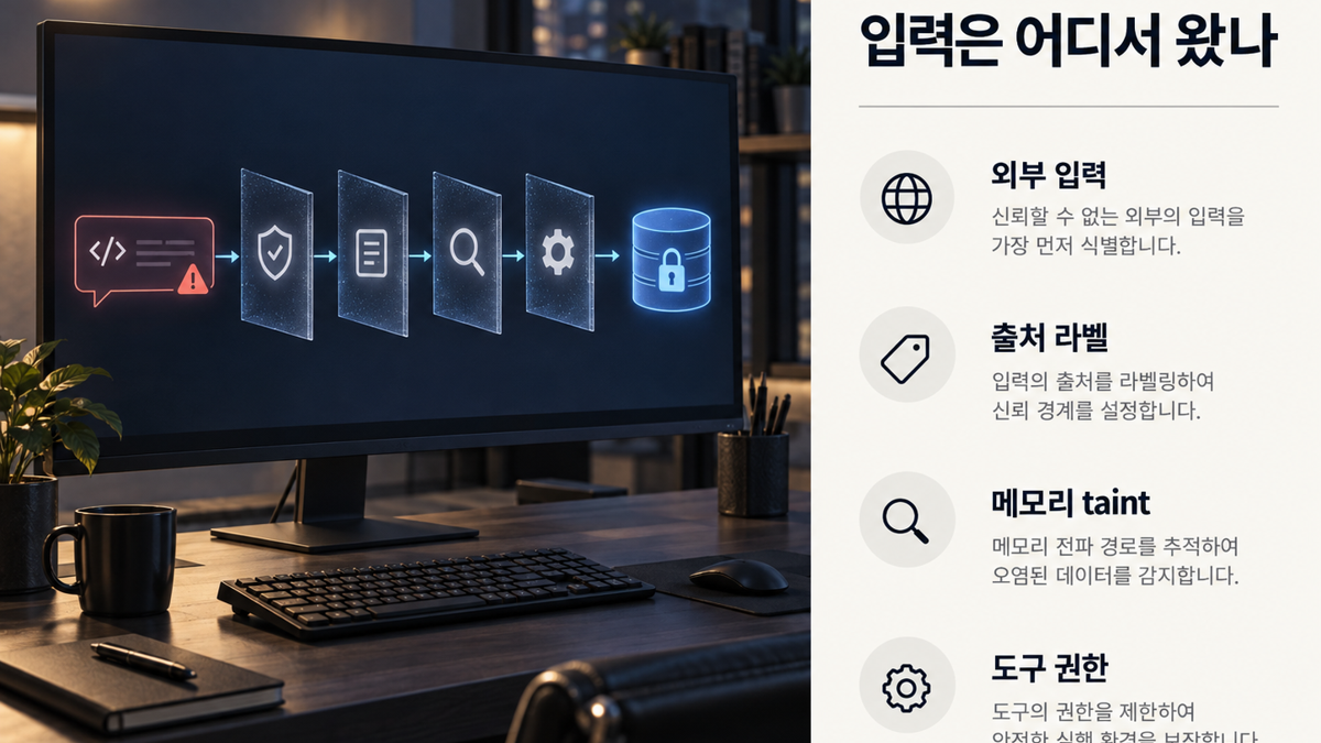 외부 입력에 출처 라벨과 메모리 taint를 붙여 도구 권한까지 전달하는 AgentKernel 경계 흐름