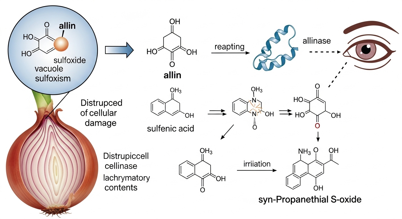 양파를 썰 때 눈물 유발 물질이 생성되는 화학적 과정을 보여주는 과학적 다이어그램