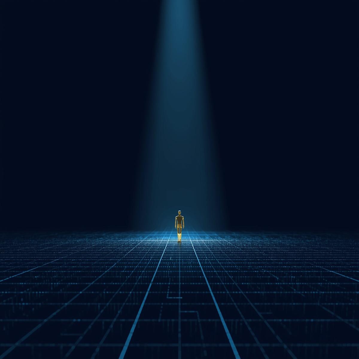 파란색 디지털 그리드 배경에 서 있는 인물 실루엣, 미래 지향적 기술 패권과 AI 신뢰를 상징하는 그래픽 디자인