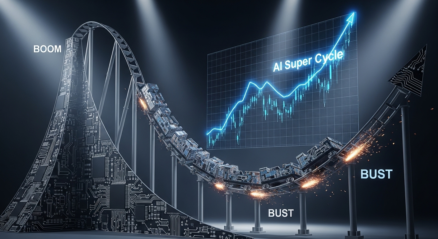 A rollercoaster (semiconductor cycle) coming down from the peak, passing the bottom, and entering the upturn again. The text 'AI Super Cycle' shines on the chart.