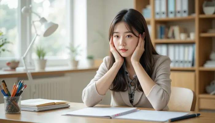 할 일 목록 앞에서 망설이는 여성 모습
