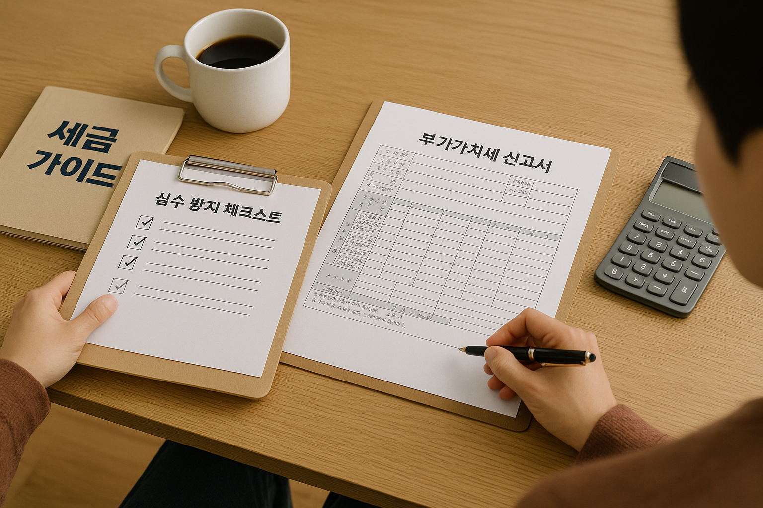 부가가치세 신고서를 작성하며 실수 방지 체크리스트를 하나씩 점검하는 자영업자의 모습