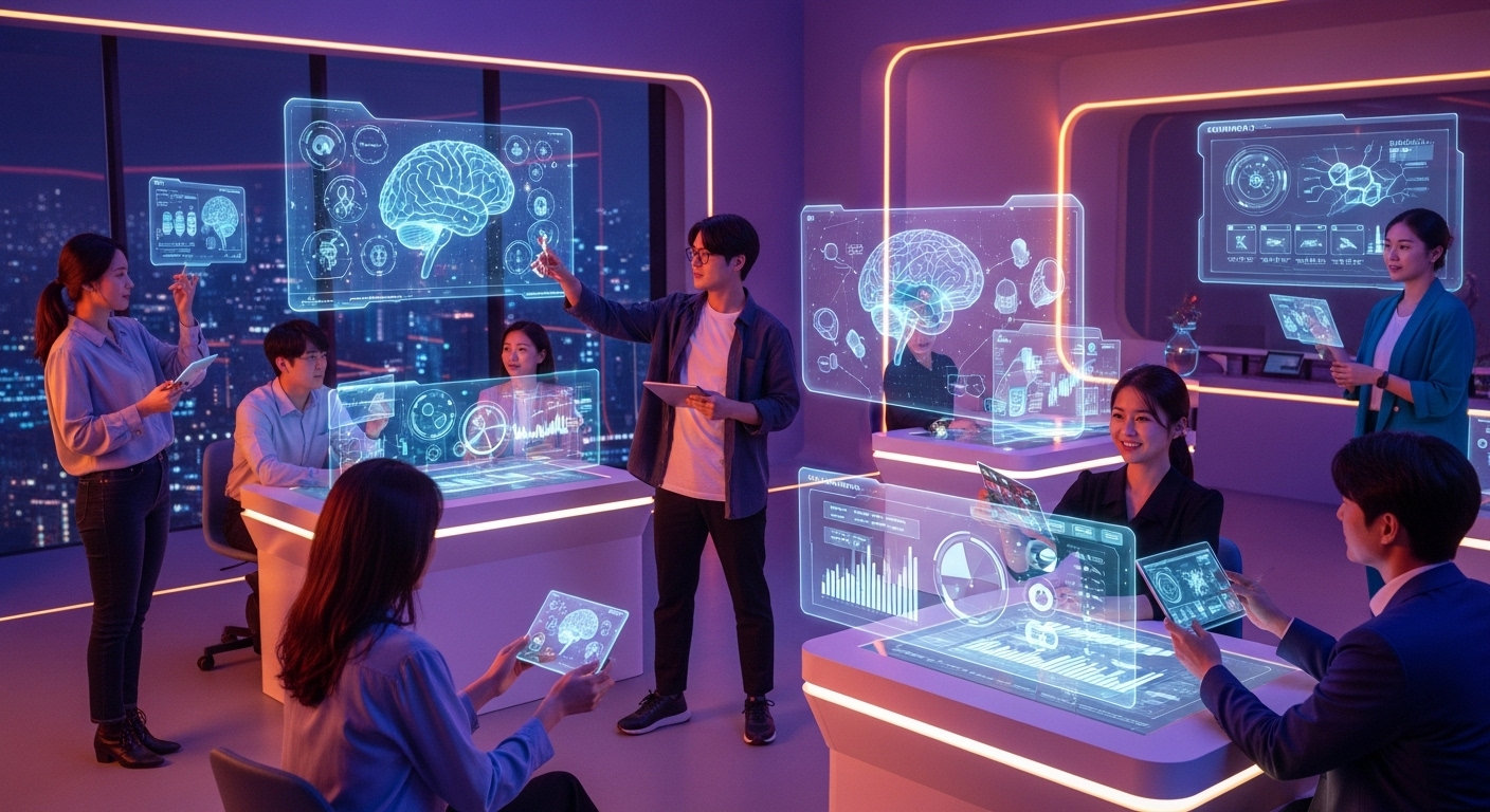 AI와 협업하며 창의적인 프로젝트를 진행하는 팀의 모습
