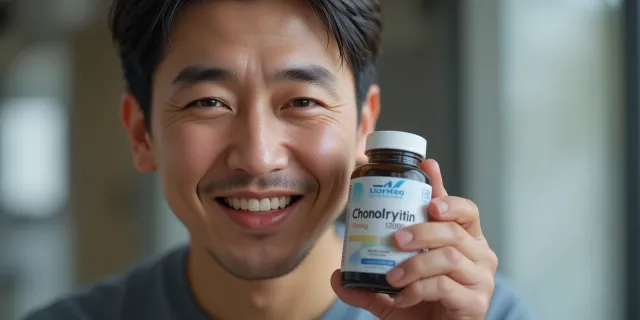 무릎 건강을 위해 콘드로이친 1200mg 보조제를 복용 중인 중년 남성의 모습