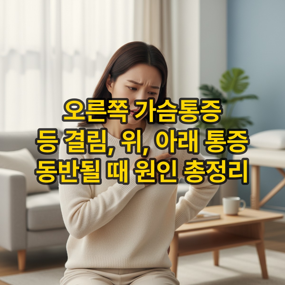 오른쪽 가슴과 등에 통증을 느끼며 걱정스러운 표정을 짓고 있는 한국 여성