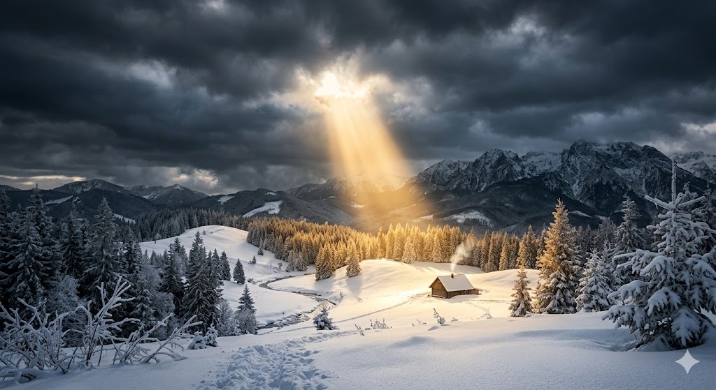 Alt text: A warm ray of morning sunlight piercing through thick dark clouds over a snowy winter landscape, representing a glimmer of hope after despair.