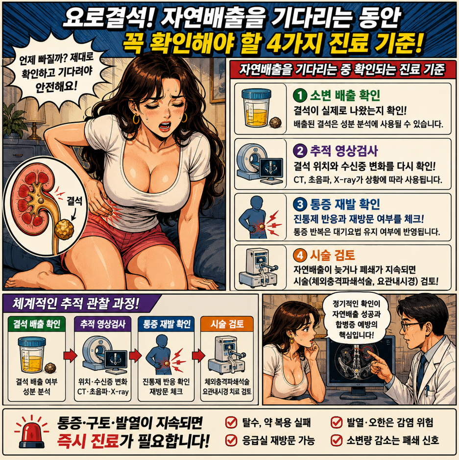 요로결석 자연배출을 기다리는 동안 확인해야 할 진료 기준을 설명하는 옛날 만화 스타일 인포그래픽으로, 소변 배출 확인, 추적 영상검사, 통증 재발, 시술 검토 과정을 정리한 이미지