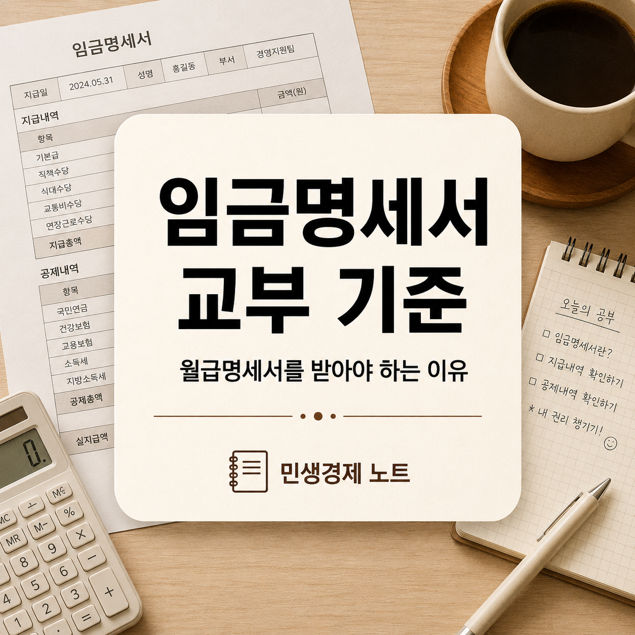 사회 초년생이 첫 월급을 받은 뒤 임금명세서의 지급일, 지급총액, 공제내역을 확인하는 생활경제 노트형 대표 이미지