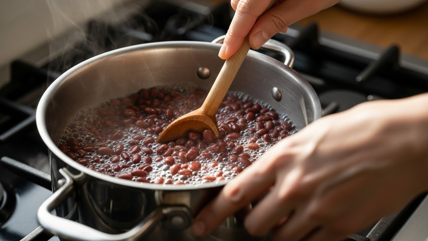 냄비에서 팥을 푹 삶아 팥죽을 준비하는 조리 과정