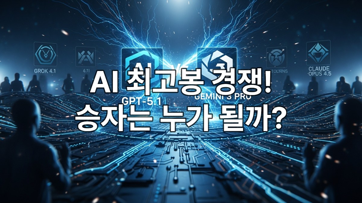 GPT-5.1과 제미니 3 프로 로고가 대치하며 격렬하게 경쟁하는 미래 AI 전쟁터의 모습