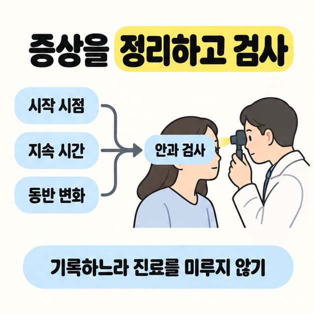 시작 시점과 지속 시간 및 동반 변화를 안과 검사로 연결한 도식과 눈을 진찰하는 모습 및 기록 때문에 진료를 미루지 말라는 안내
