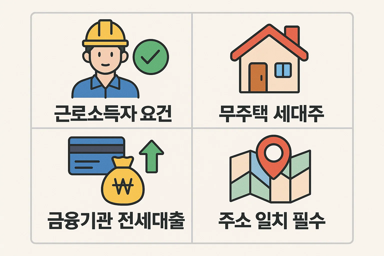 근로소득자 요건 무주택 세대주 금융기관 전세대출 주소 일치 등 연말정산 전세공제 조건 충족을 위해 필요한 필수 요건을 간단한 구조로 정리한 핵심 요약 인포그래픽