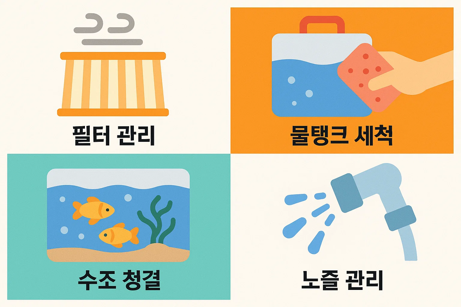 가습기의 전체 위생 관리를 위한 필터, 물탱크, 수조, 노즐 청결 관리 포인트를 시각적으로 표현한 인포그래픽.