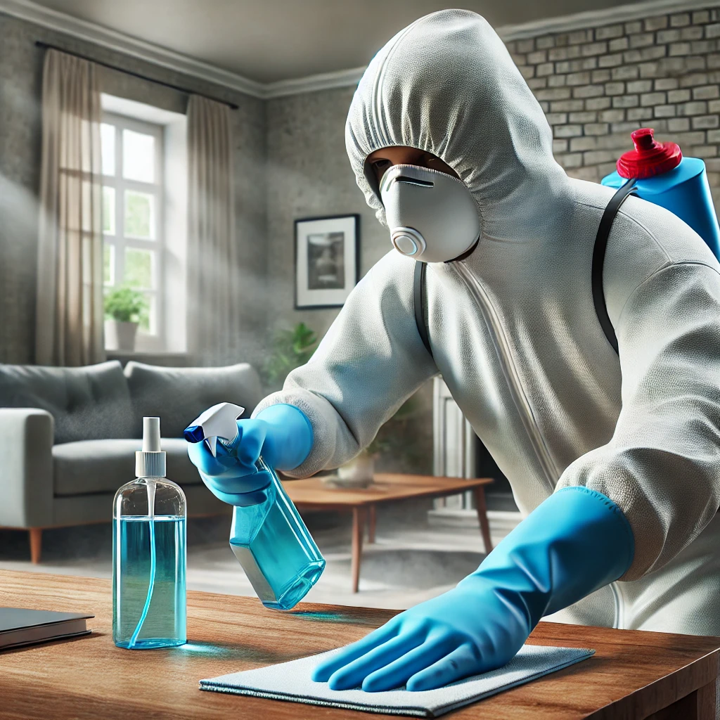 집 안에서 장갑을 끼고 소독제를 사용하여 표면을 소독하는 사람의 모습